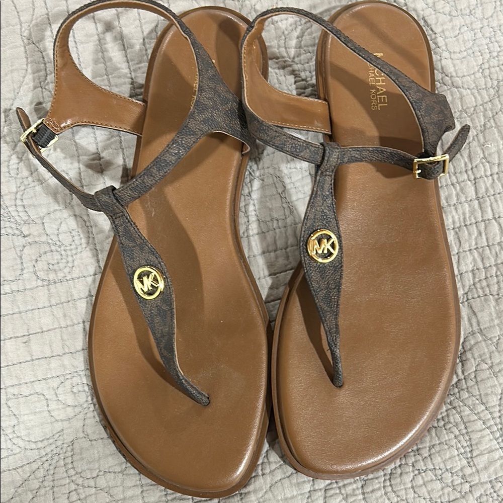 Michael Kors Brown Sandals with Gold Logo and Adjustable Strap